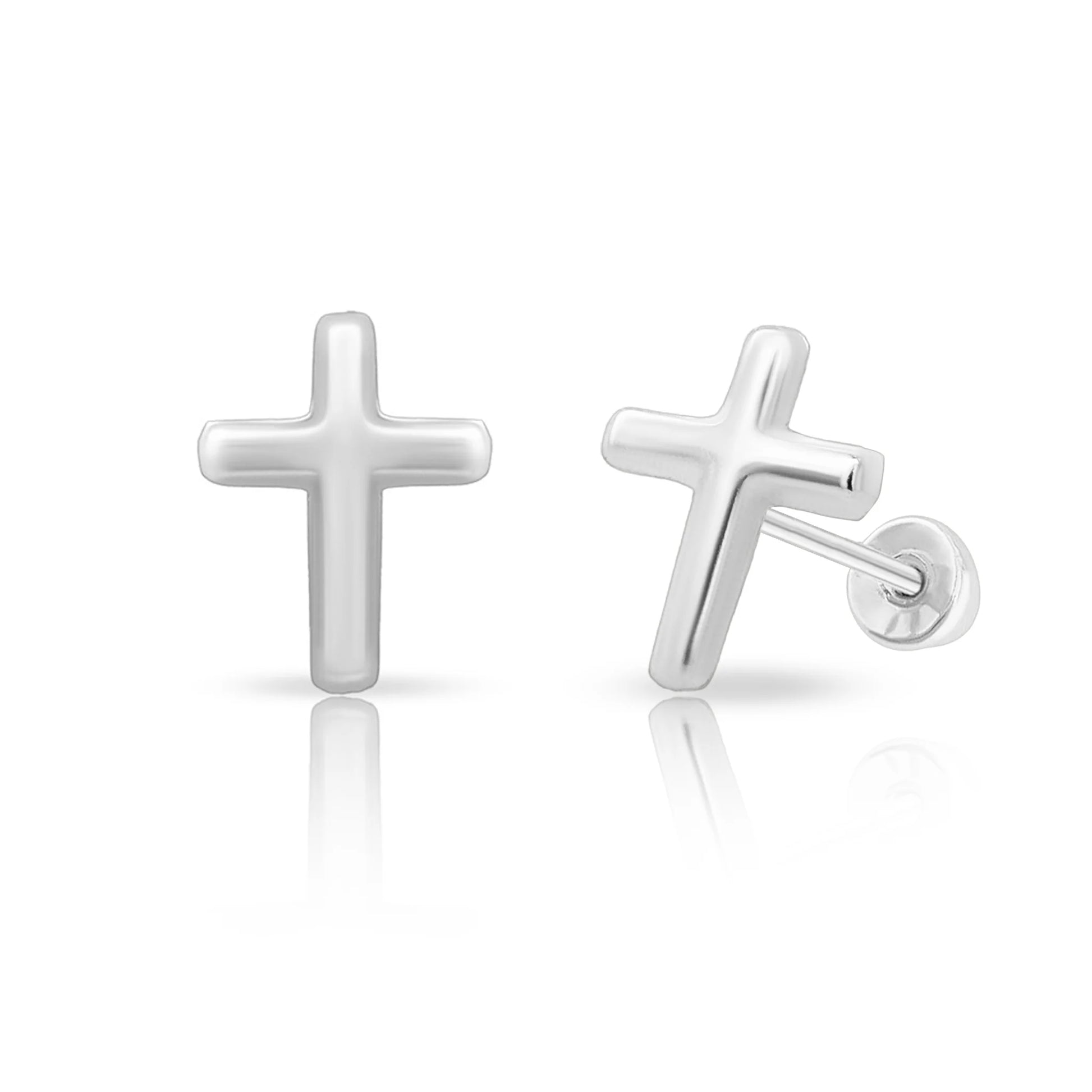 Children's earrings featuring sterling silver rhodium plated cross studs with screw back fastening.