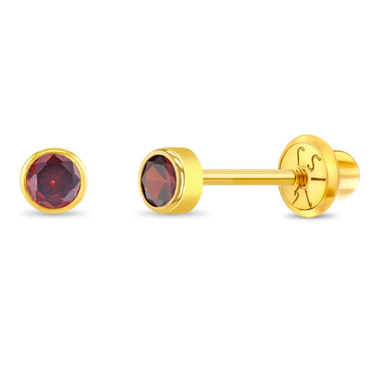 January Birthstone Earrings for Babies & Children – 14k Gold 3mm Garnet CZ Screw Back Studs
