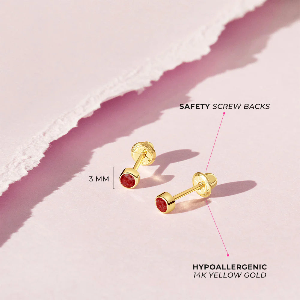 January Birthstone Earrings - 14k Gold 3mm Garnet CZ Screw Back Studs for babies and children