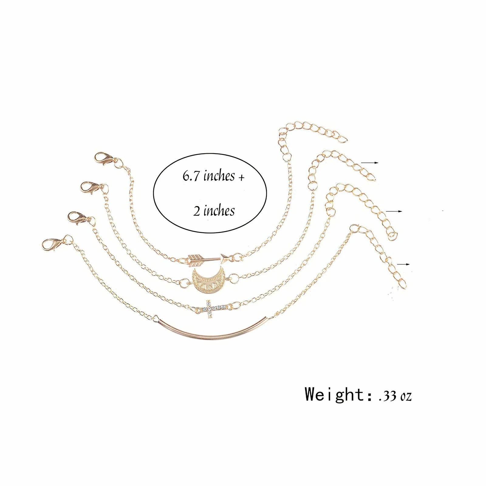 Layered bracelet set with three chains, including adjustable lengths and lunar accents, perfect for stylish layering.