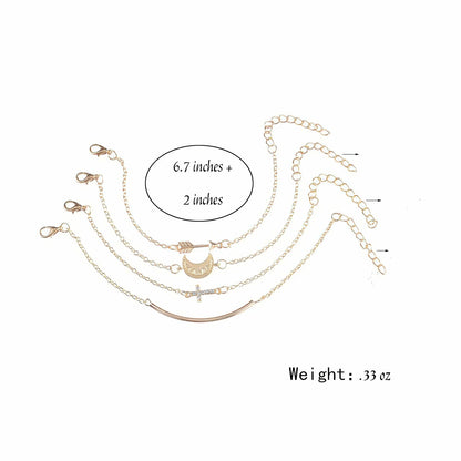 Layered bracelet set with three chains, including adjustable lengths and lunar accents, perfect for stylish layering.