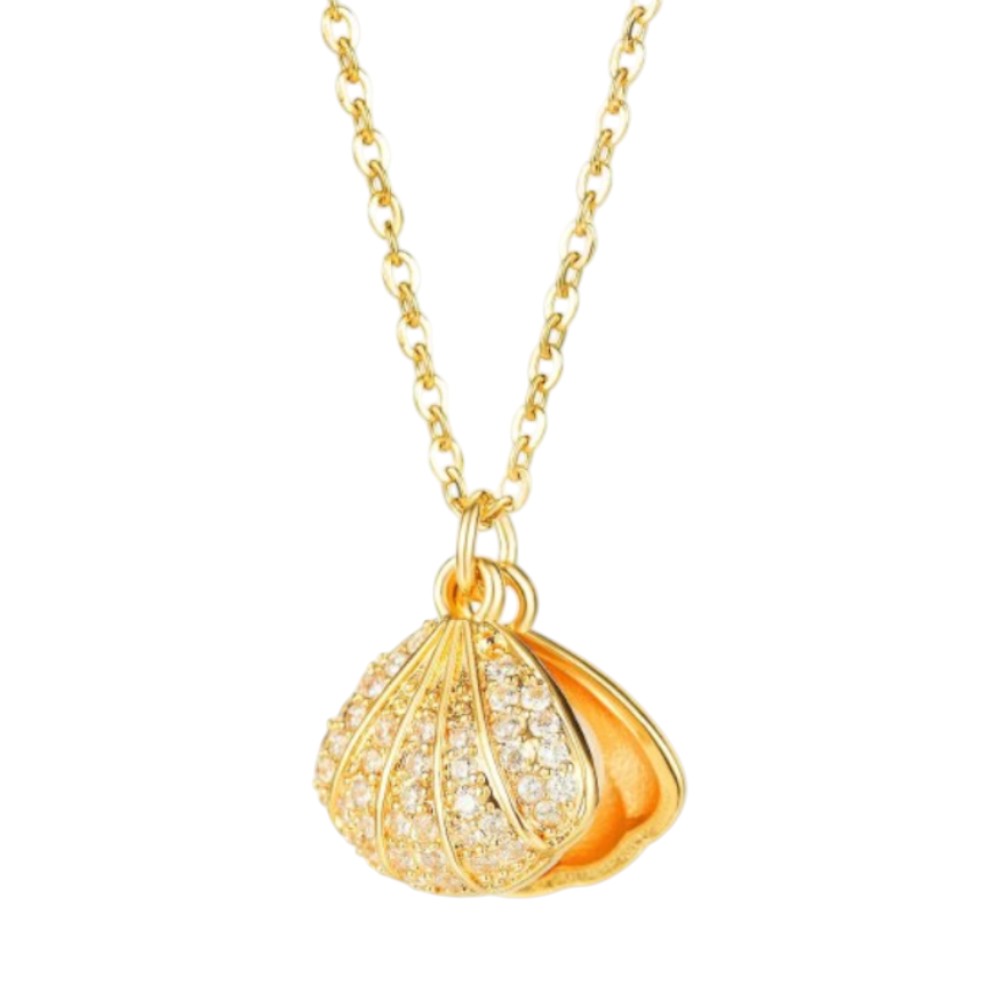 Locket Necklace - Surgical Steel Gold IP Shell CZ Pearl Locket with sparkling cubic zirconia pendant on a gold chain.