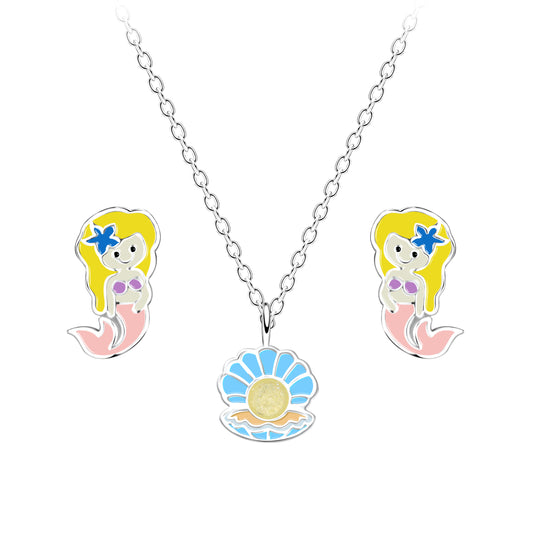 Mermaid jewellery set featuring 925 sterling silver necklace and stud earrings with colorful enamel detailing.