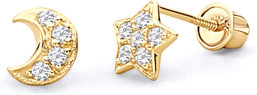 Moon and star earrings - 14k solid gold CZ encrusted moon and star screw back studs perfect for toddlers and children.