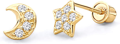 Moon and star earrings - 14k solid gold CZ encrusted moon and star screw back studs perfect for toddlers and children.