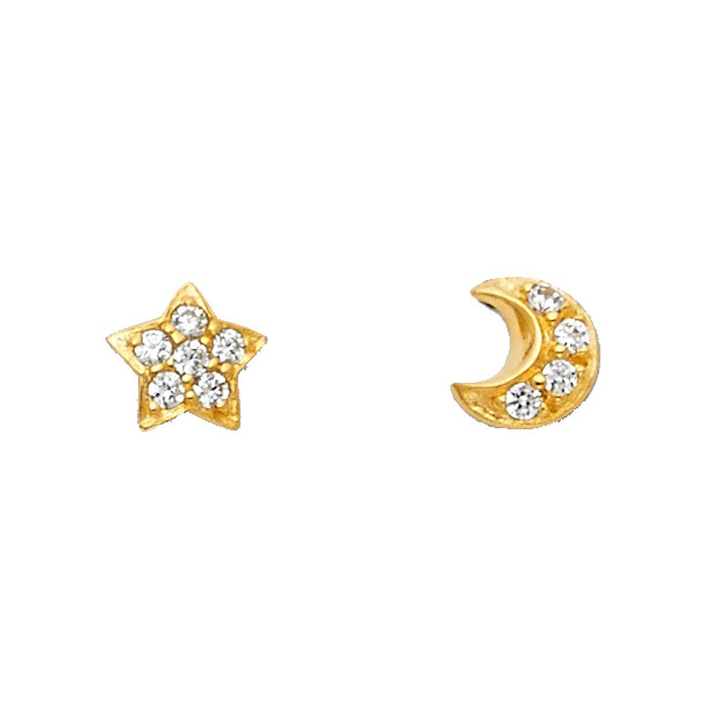 A set of gold-colored children's earrings, one shaped like a moon and the other like a star, both encrusted with cubic zirconia, displayed against a white background.