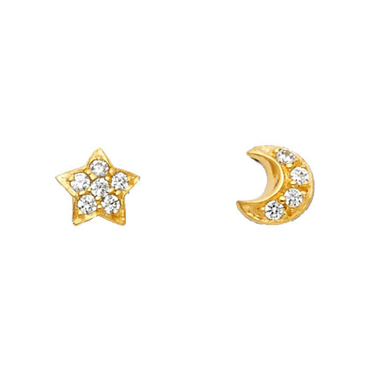 A set of gold-colored children's earrings, one shaped like a moon and the other like a star, both encrusted with cubic zirconia, displayed against a white background.