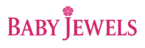 Logo for 'Baby Jewels' with pink text and a flower symbol on a white background