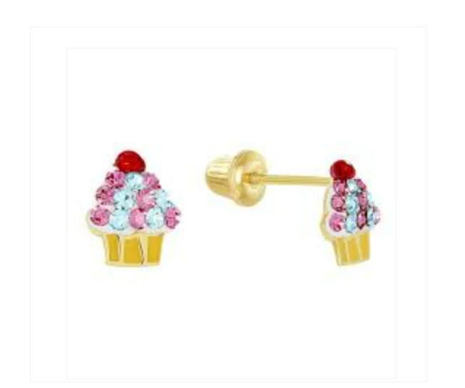 Children's Earrings:  14k Gold Pink/Blue CZ Cupcake Earrings with Screw Backs