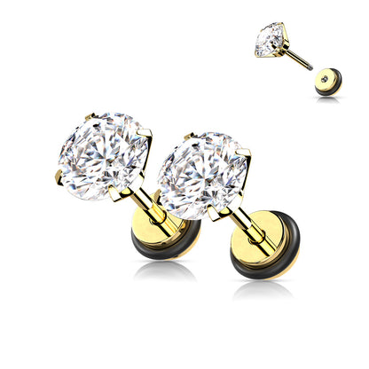 A pair of children's earrings featuring surgical steel posts with yellow gold ionic plating and AAA clear 4mm cubic zirconia with easy grip screw backs.