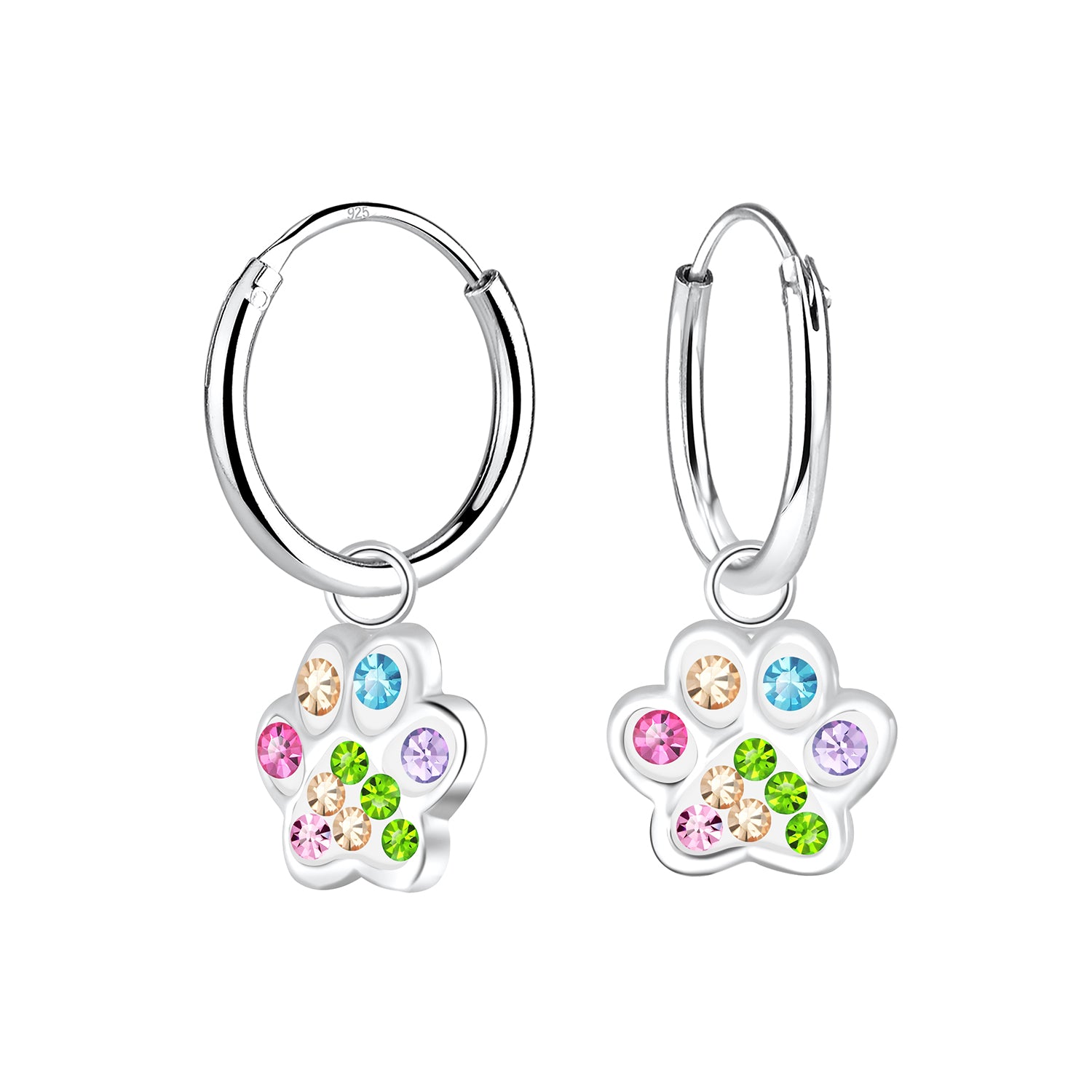 Paw print earrings featuring colorful cubic zirconia crystals in sterling silver design with hoop backing.