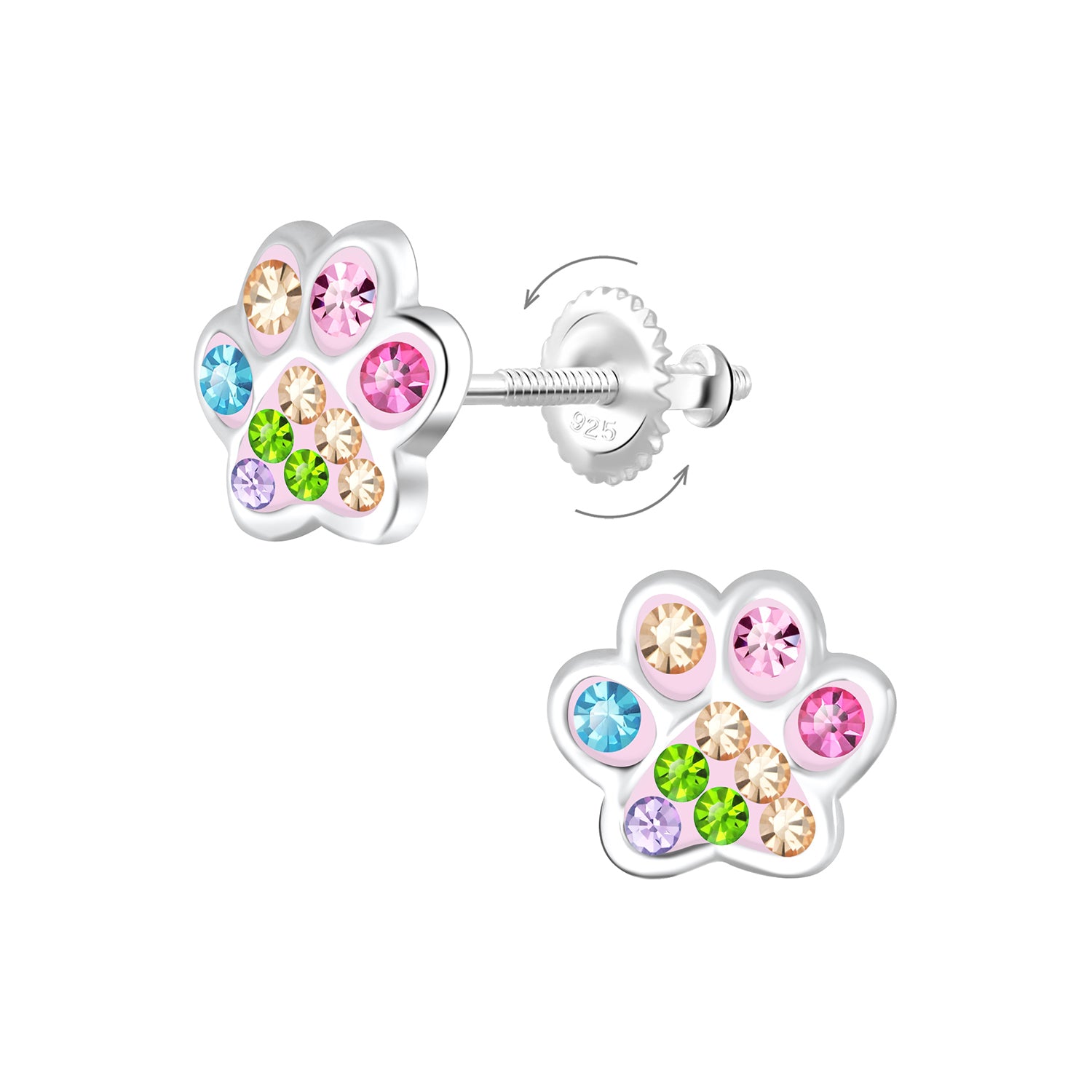 Paw print earrings - sterling silver rainbow CZ screw back studs featuring colorful cubic zirconia gemstones.