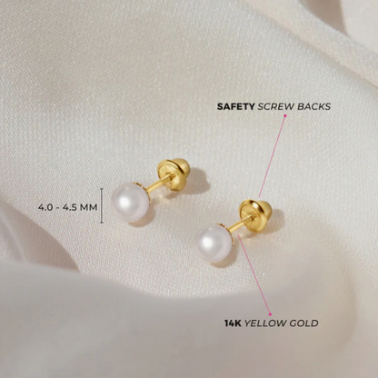 Elegant pearl earrings with 4-4.5mm freshwater cultured pearls in 14k yellow gold, featuring safety screw backs.