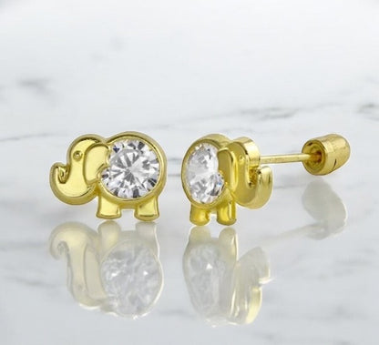 Children's Earrings:  14k Solid Gold Elephant Earrings with CZ, Screw Backs and Gift Box