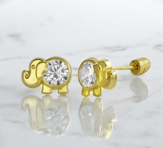 Children's Earrings:  14k Solid Gold Elephant Earrings with CZ, Screw Backs and Gift Box