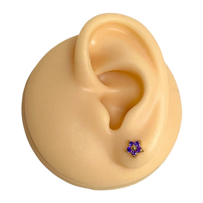 Small girls' flower stud earring in purple zircon, 18K gold-plated