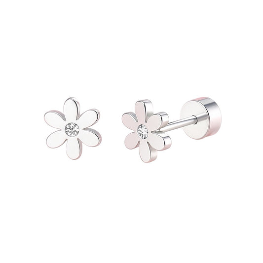 A pair of stainless steel children's flower stud earrings with clear cubic zirconia centres, shown on a clean white background