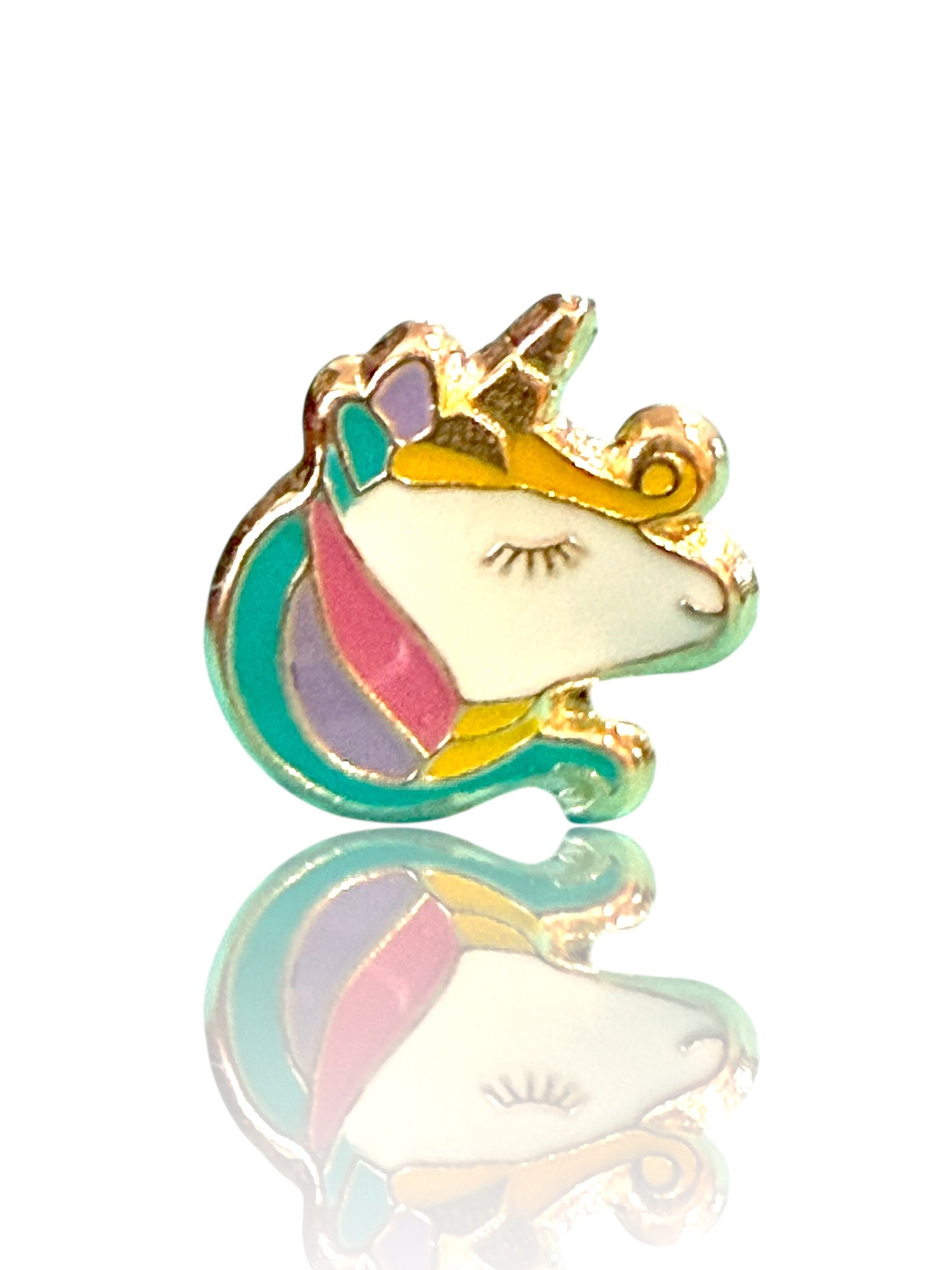 Children's earrings featuring a colorful enamel unicorn stud design in 14k solid gold.