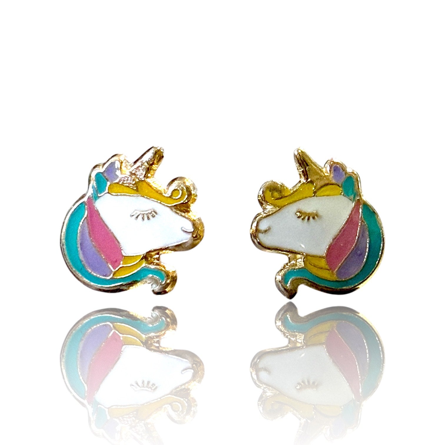 Children's earrings featuring 14k solid gold enamel unicorn screw back studs for kids.
