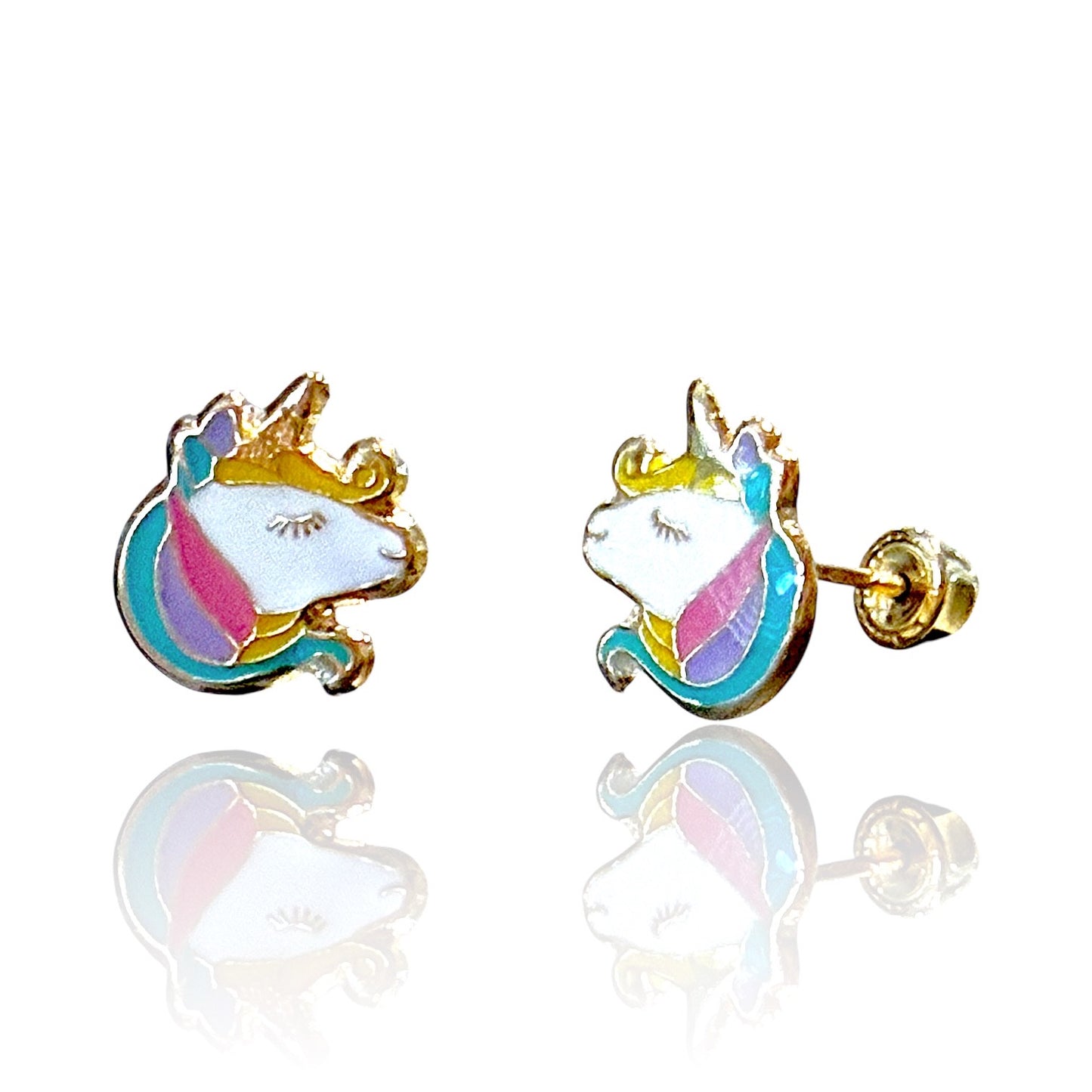 Children's earrings featuring 14k solid gold unicorn studs with colorful enamel, ideal for kids and tweens.
