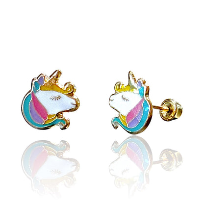 Children's earrings featuring 14k solid gold unicorn studs with colorful enamel, ideal for kids and tweens.