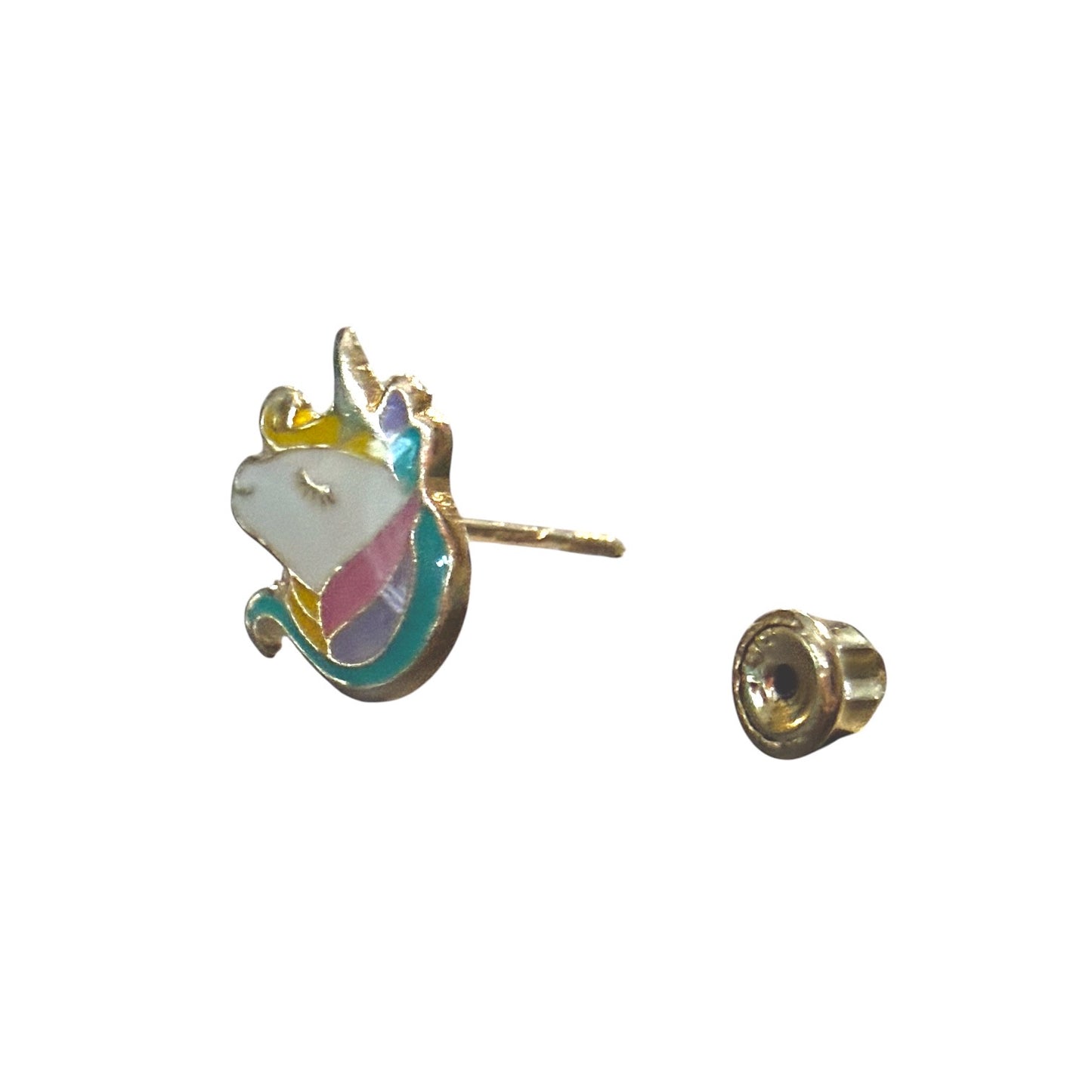 Children's earrings featuring a colorful unicorn design in 14k solid gold with a screw back for secure wear.