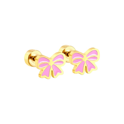 Pink bow earrings made of 316L surgical steel with gold IP finish and secure screw backs.