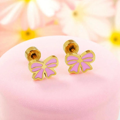 Pink bow earrings made of 316L surgical steel with gold IP finish and screw backs.