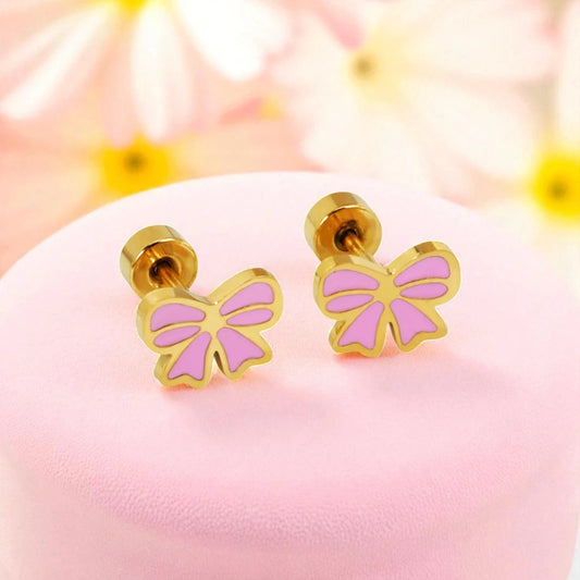 Pink bow earrings made of 316L surgical steel with gold IP finish and screw backs.