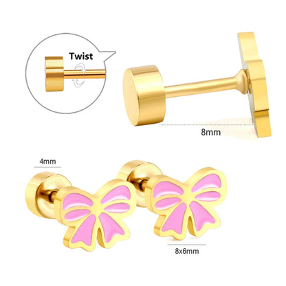 Pink bow earrings featuring pink bow design, gold IP finish, screw backs, and 316L surgical steel construction.