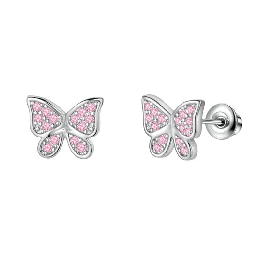 Butterfly-shaped earrings with pink gemstones on a white background