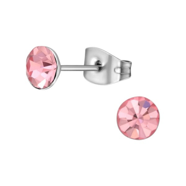 Pink CZ stud earrings made of surgical steel with 6mm pink tourmaline stones and secure push backs.