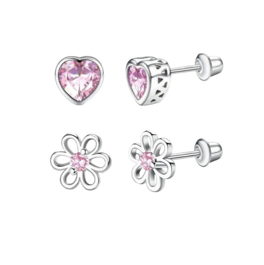Four sterling silver stud earrings on a white background: top row shows a pair of heart-shaped studs with faceted pink stones in a smooth bezel and screw-back posts; bottom row shows a matching pair of open-petal flower studs with a central pink stone and delicate silver petals