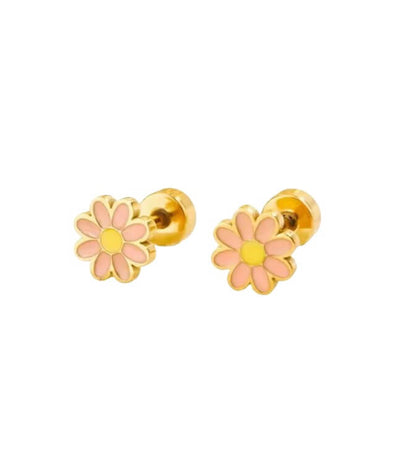 Pair of gold and pink flower-shaped earrings on a white background