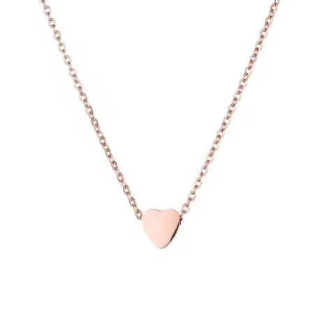 Rose gold heart-shaped pendant on a chain against a white background