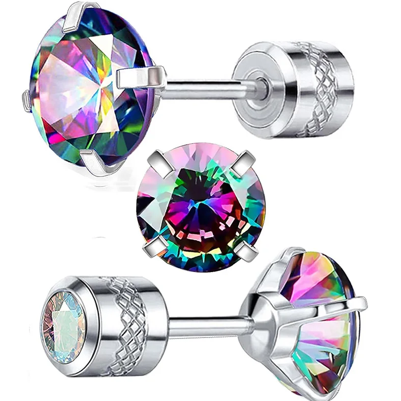 Rainbow CZ stud earrings in surgical steel with colorful cubic zirconia and screw backs, perfect for sensitive ears.