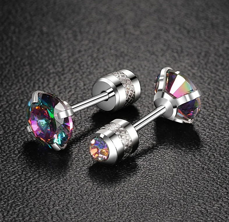 Rainbow CZ stud earrings featuring surgical steel reversible screw backs and colorful cubic zirconia.