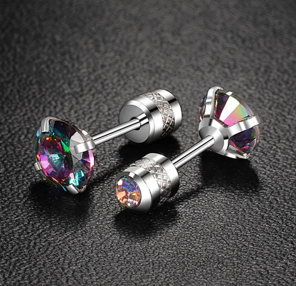 Rainbow CZ stud earrings featuring surgical steel reversible screw backs and colorful cubic zirconia.