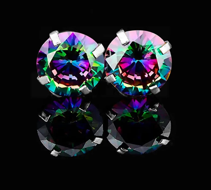 Rainbow CZ stud earrings showcasing vibrant colors and sparkling design with surgical steel reversible screw backs.