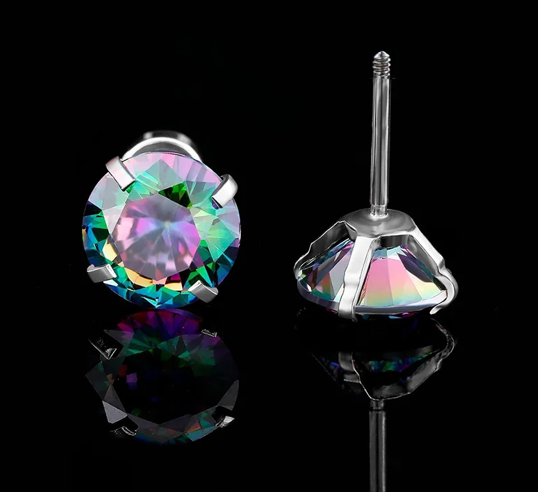 Rainbow CZ stud earrings with rainbow aurora borealis cubic zirconia in surgical steel design.