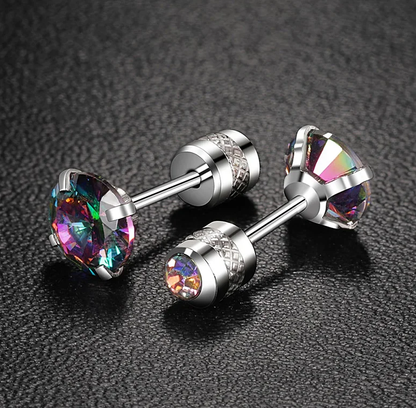 Rainbow CZ stud earrings made from surgical steel with colorful cubic zirconia and secure screw backs.