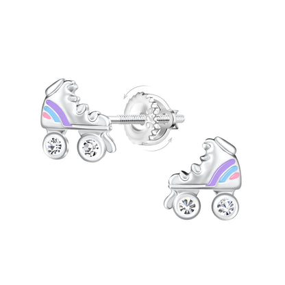 Rollerblade earrings featuring 925 sterling silver, colorful enamel, and sparkling crystals with secure screw backs.
