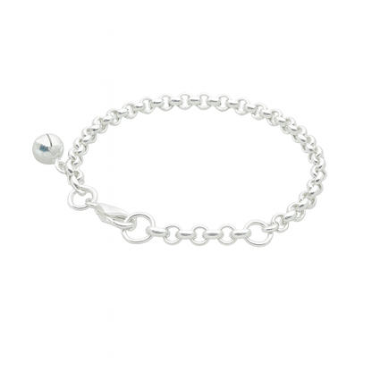 Silver chain bracelet with a round charm on a white background