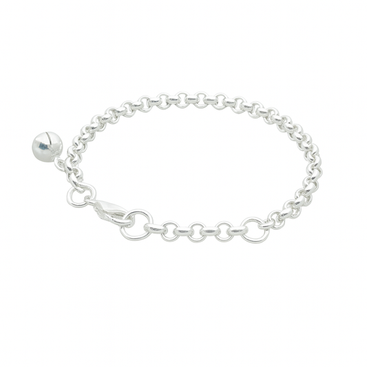 Silver chain bracelet with a round charm on a white background