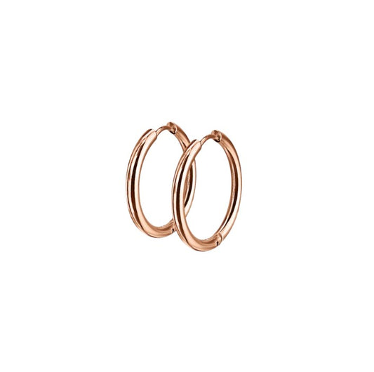 Rose gold hoop hinged earrings on a white background