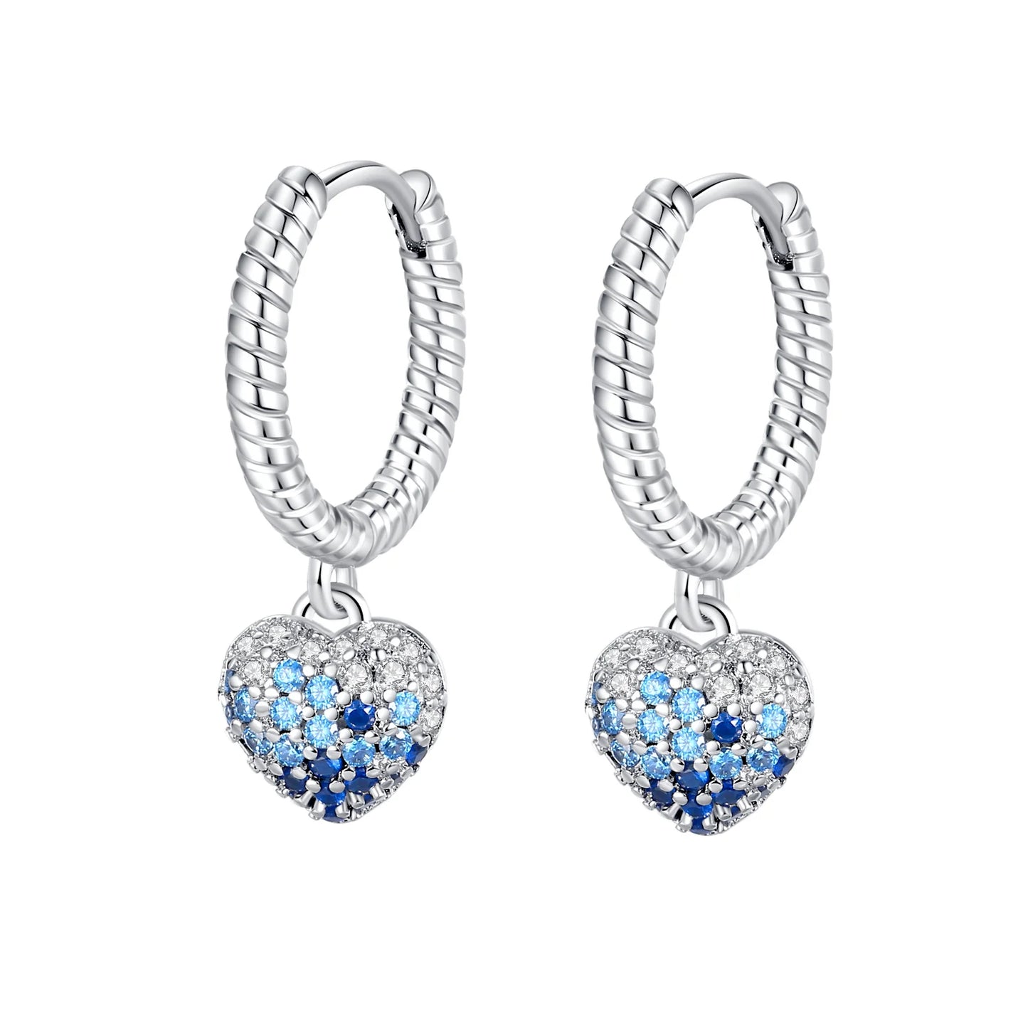 Children's, Teens and Mothers' Earrings:  Sterling Silver Hoops with Blue/White CZ Puffed Hearts