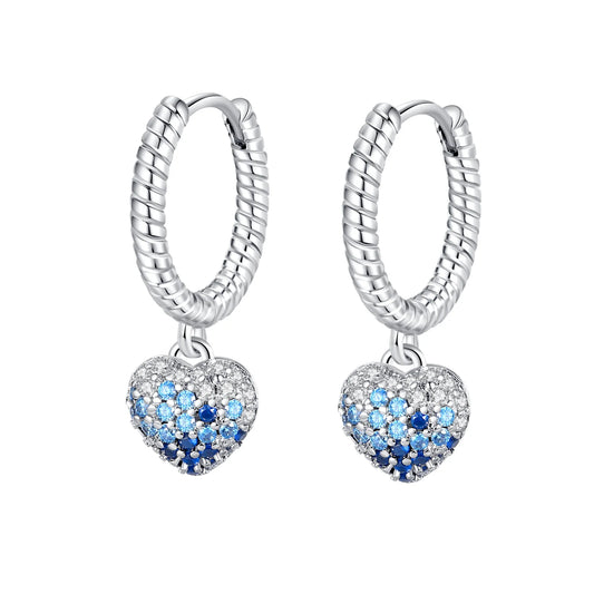 Children's, Teens and Mothers' Earrings:  Sterling Silver Hoops with Blue/White CZ Puffed Hearts
