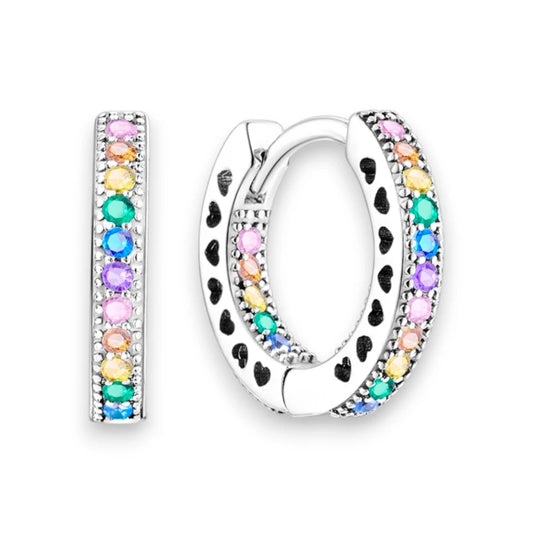 Rainbow CZ hoop earrings in sterling silver with AAA grade cubic zirconia, perfect for everyday wear or special occasions.