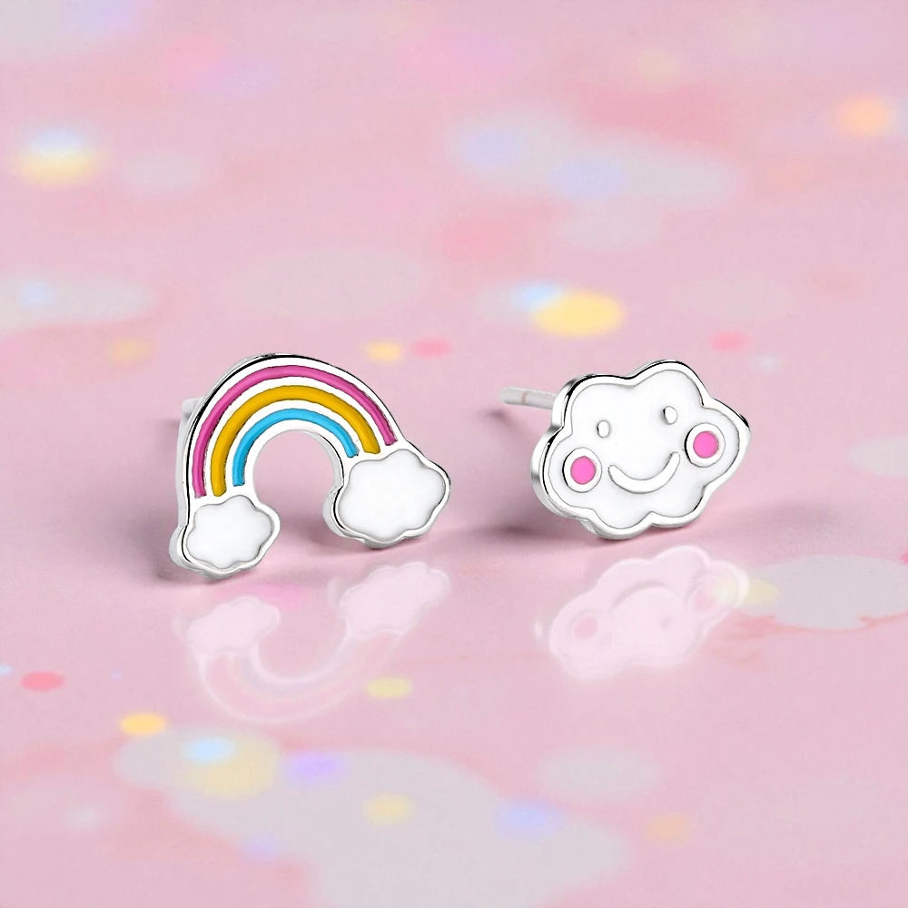 Rainbow cloud earrings crafted from 925 sterling silver with colorful enamel design, perfect for everyday wear.