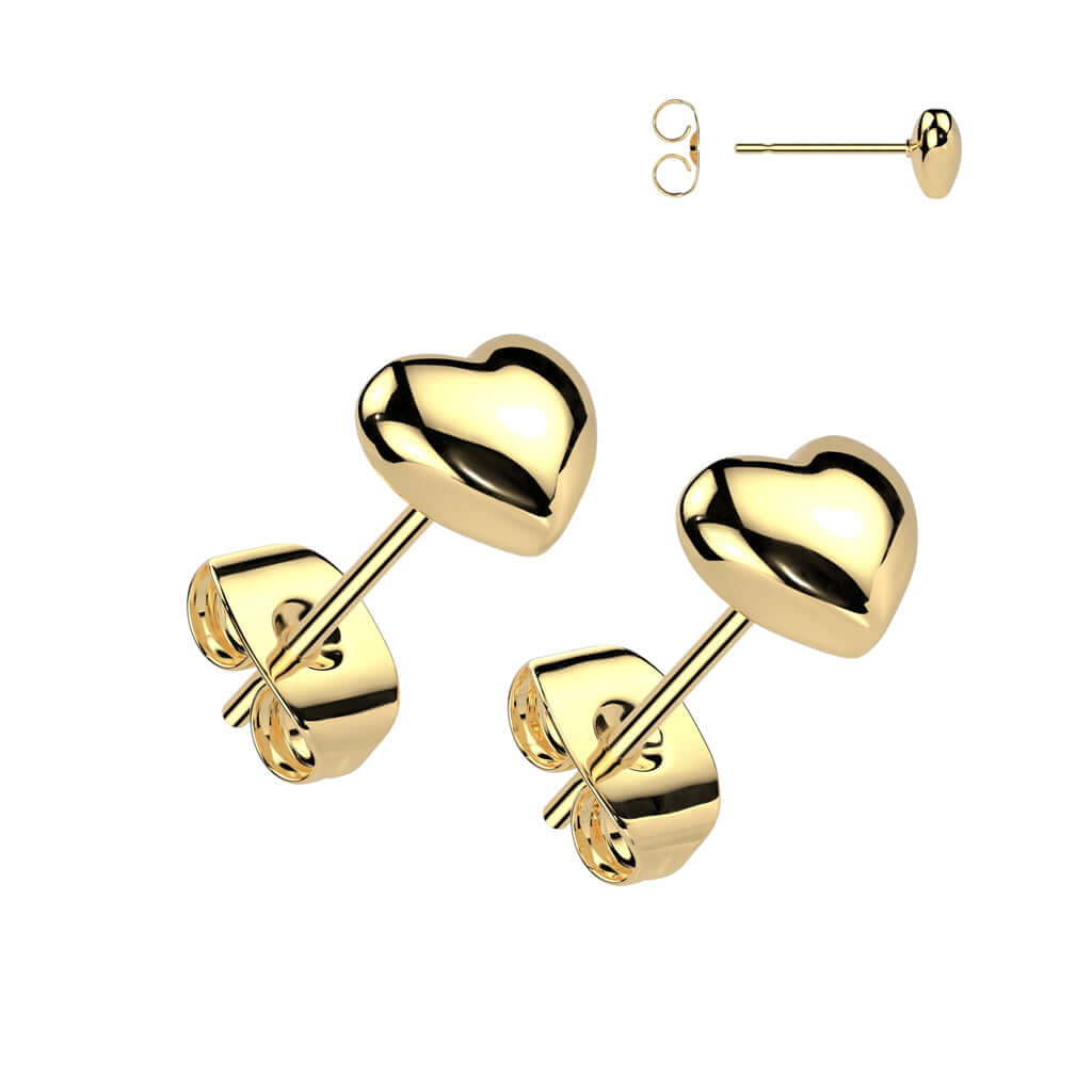 Heart earrings made of gold plated 316L surgical steel with puffy heart shaped studs and push backs.